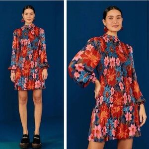 Farm Rio Garden Navy Smocked Blouson-Sleeve Mini Dress